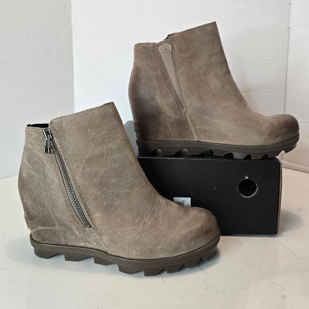 Sorel Joan Of Arctic Wedge II Zip Wedge Chelsea Boot Brown Leather Women Size 7